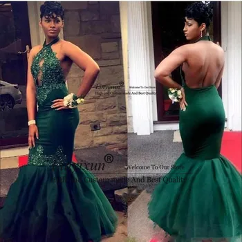 

Dark Green Mermaid 2019 South African Prom Dresses Black Girls Halter Keyhole Neck Appliqued Ruched Sexy Open Back Evening Gowns