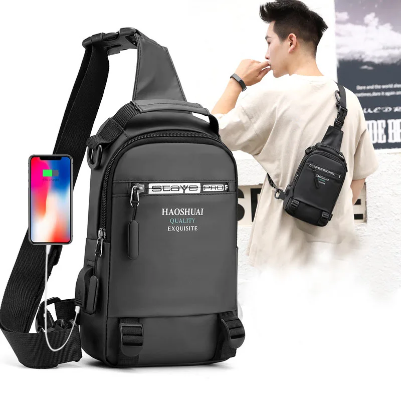 Waterproof Nylon Men Chest Pack USB Charging Small Male Shoulder Sling Fanny Bag