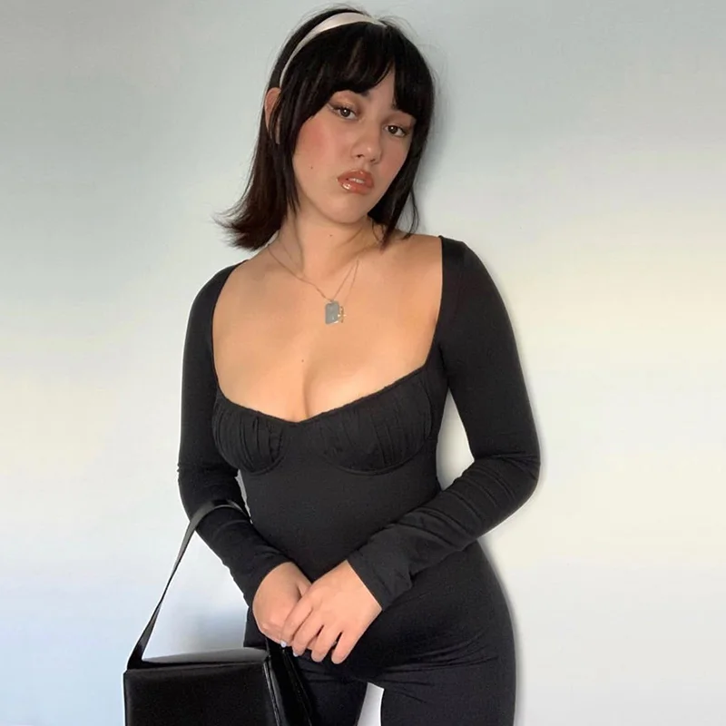 

Vinatage Style Women Jumpsuits Long Sleeve Playsuits Ruched Square Collar Jumpsuit Retro Woman Clothes Solid Skinny Rompers