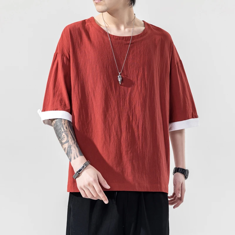 

Summer Large Size Men's Cotton Linen Short-sleeved Top Loose-Fit Flax Solid Color T-shirt Harajuku-Style Street Mens Clothing