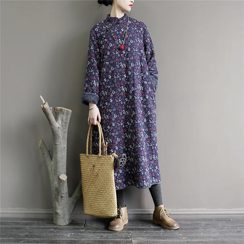 Navy blue Новинка, зимнее платье, китайский стиль, хлопок, лен, халаты для женщин, длинный рукав, плюс флис, винтажное теплое платье - Цвет: Navy blue