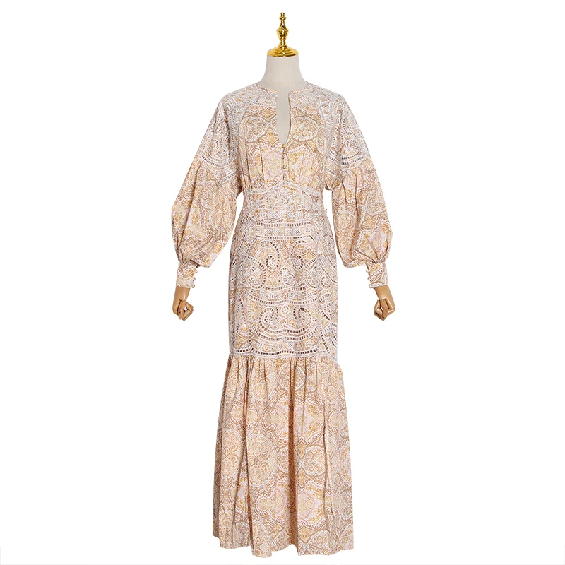 TWOTWINSTYLE, винтажное женское платье с принтом, v-образный вырез, фонарь, длинный рукав, высокая талия, с рюшами, платья русалки, женская одежда