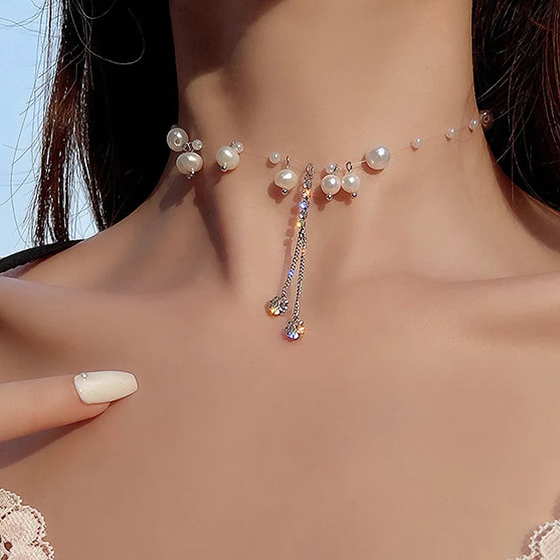 

Mermaid Tears Super Fairy Luxury Short Neckchain Women Fashion Fine Temperament Pearl Flash Diamond Tassel Pendant Girl Jewelry