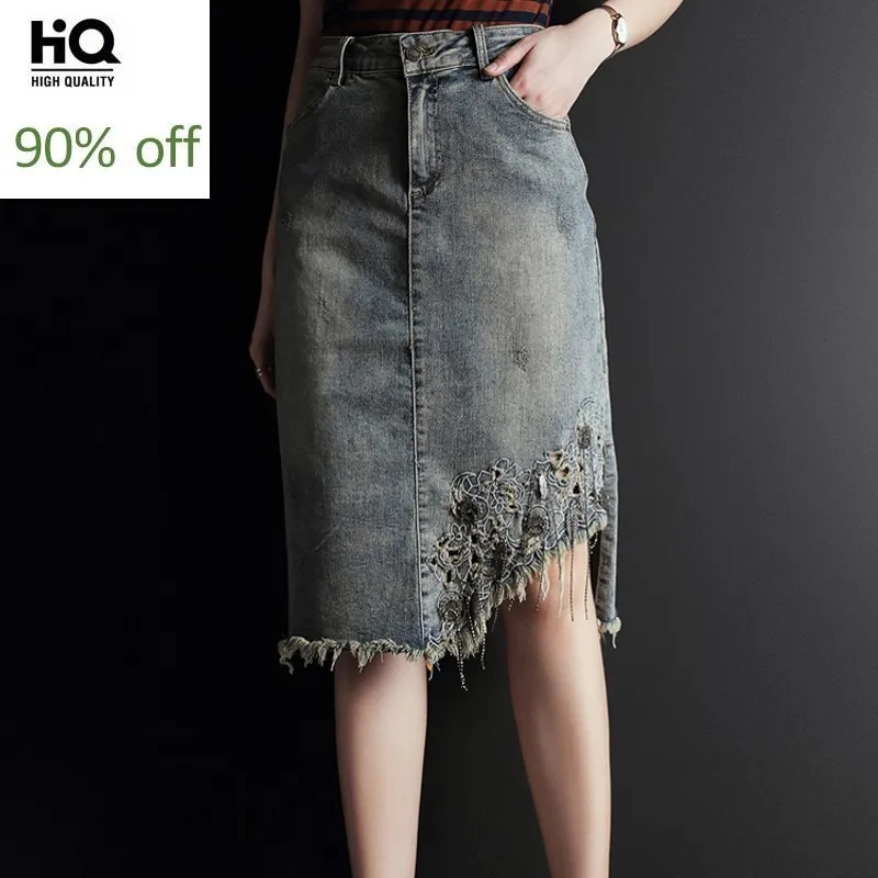 Vintage Borduurwerk Kwastje Zomer Womens Knielengte Denim Rokken Mode Plus Size Hoge Taille Vrouwelijke Asymmetrische Split Rokken Vintage Borduurwerk Kwastje Zomer Womens Knielengte Denim Rokken Mode Plus Size Hoge Taille Vrouwelijke Asymmetrische Split Rokken