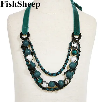 

FishSheep Vintage Fabric Pearl Beads Long Necklace For Women Big Flower Crystal Layered Pendants Necklaces 2020 Fashion Jewelry