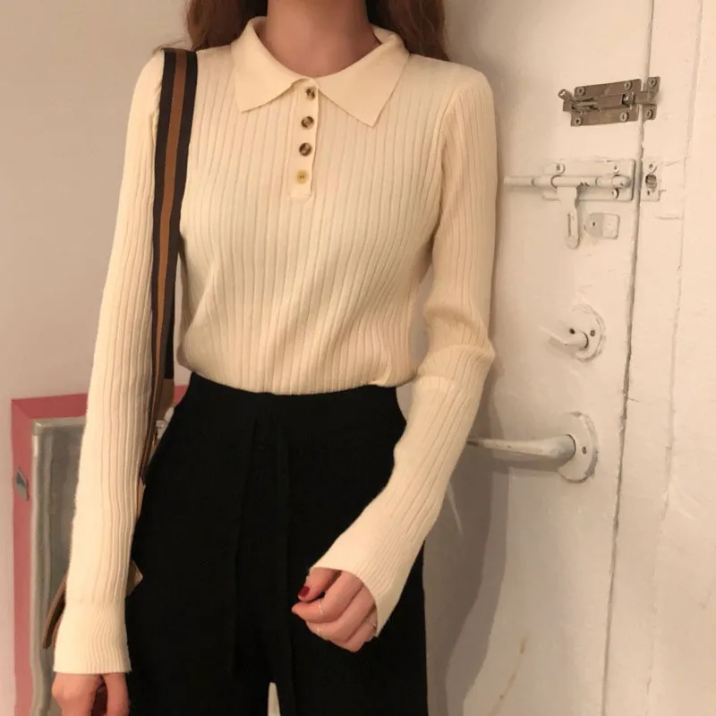 

Women Fashion Casual Slim Long-sleeve Solid Sweater Girl Preppy Style Lapel Single-breasted Knit Pullover