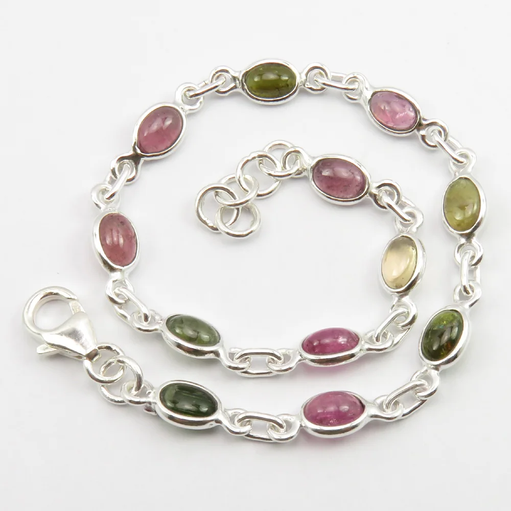 

92.5% Solid Silver TOURMALINE Link Bracelet Gem Stone New Jewellery