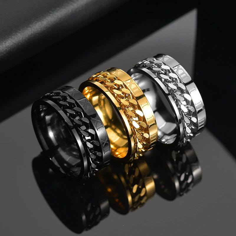 Uzone Punk Roman Numbers Spinner Rings Gold Color Stainless Steel Rotatable Chain Ring For Men Boys Birthday Party Gift Anillos 3