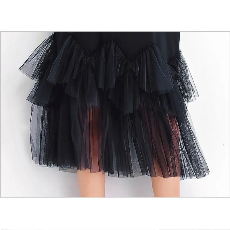 XITAO Mesh Patchwork платье миди с круглым вырезом и принтом женское свободное плюс размер модное черное платье в стиле кэжуал осень Новое Элегантное WQR1710