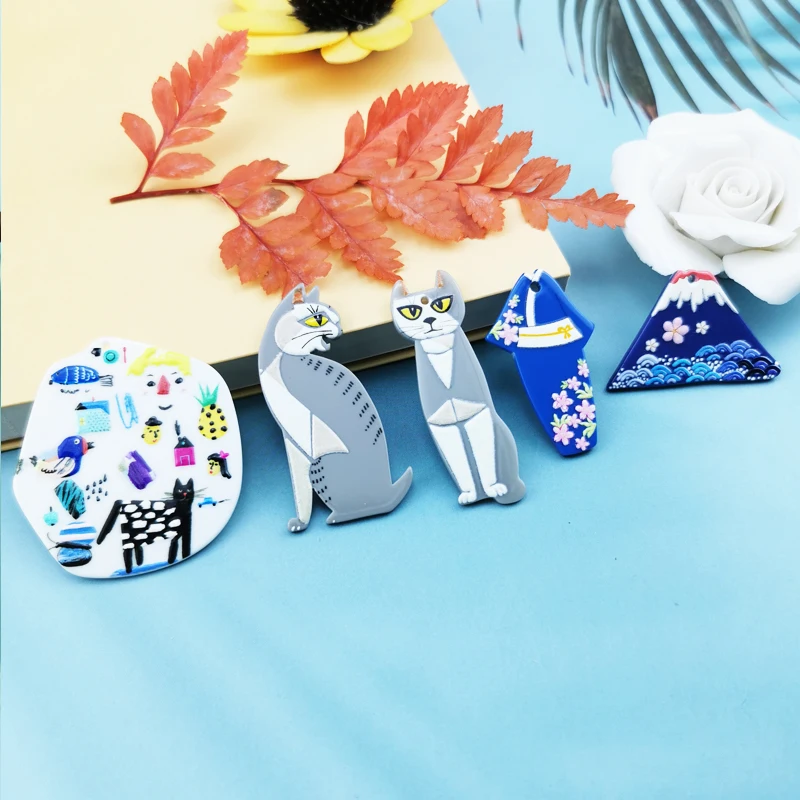 

10pcs New Gothic Cat Mount Fuji Kimono Acrylic Charms Earring Findings Bracelet Necklace Pendant Diy Accessory Jewelry Make