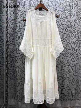 

Luxury Embroidery Dress 2020 Summer Clothing Women Sexy Square Collar Wide Sleeve Mid-Calf Length Vintage Party Event Dress