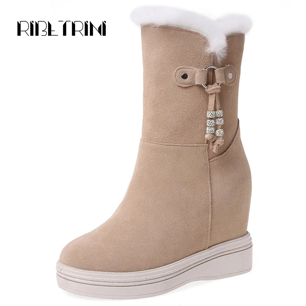 

RIBETRINI Fashion Women Suede Snow Boots Hidden Wedge High Heel Platform Winter Fur Shoes Woman Tassel Design Midd Calf Boots