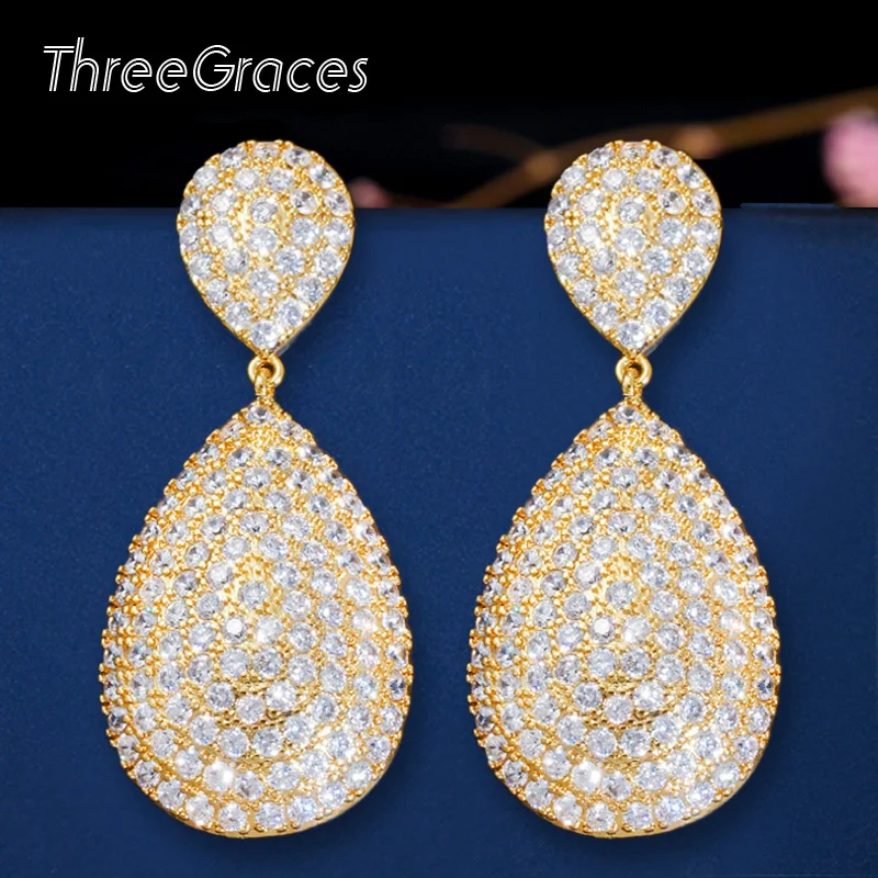 

ThreeGraces Luxury Dubai Gold Micro Paved Cubic Zirconia Long Big Teardrop Dangle Earrings for Women Banquet Dinner Party ER371