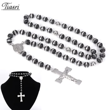 

Tiasri Necklace For Woman Cross Pendant Jewelry Sweater Long Chain Round Bead Collar Choker Stainless Steel Ornament Wholesale