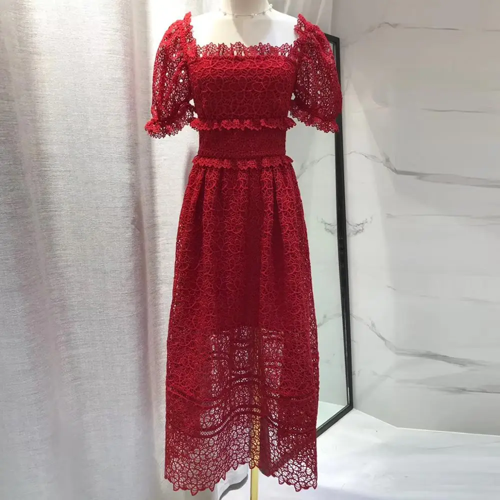 

Red RoosaRosee Designer High Quality Women Flower Crochet Short Puff Sleeve Sexy Square Collar Lady Party Dress Fashion Vestidos