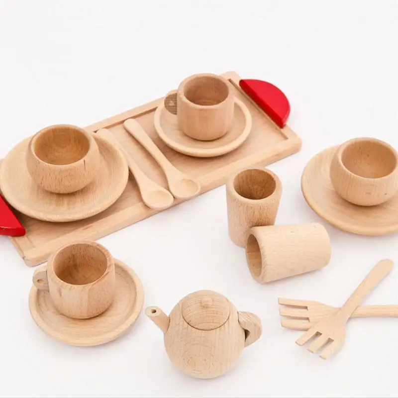 

1Set Wooden Tableware Tools Tea Pot Tea Cup Teatime Party Play Toy Dollhouse Miniature Kitchen Tableware Accessories for Kids To