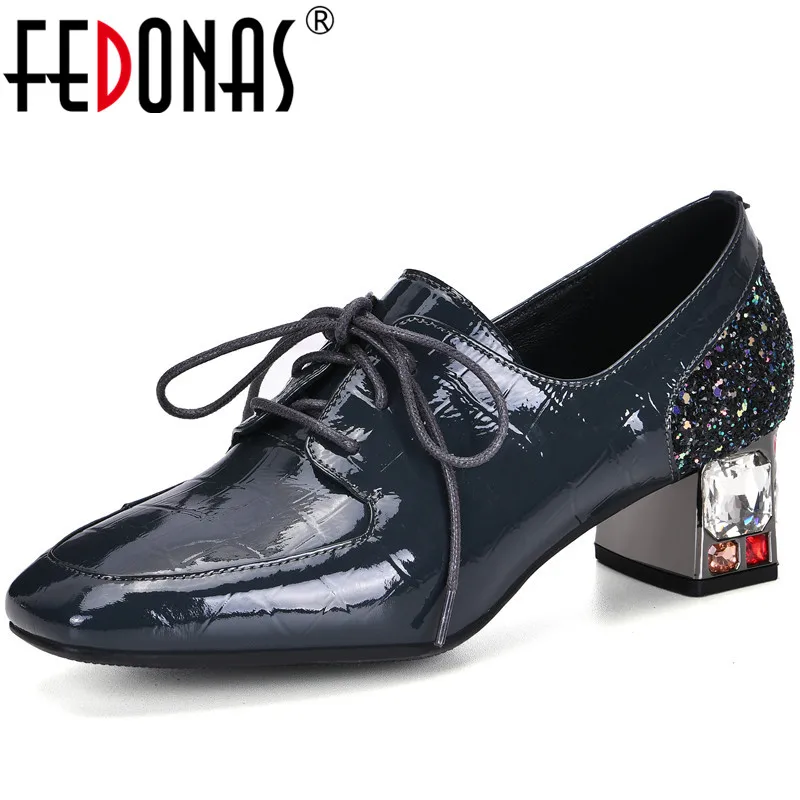 

FEDONAS Women Pumps Rhinestone Crystal Lace Up Cow Patent Leather Spring Summer Party Pumps Brand Design Shoes Woman