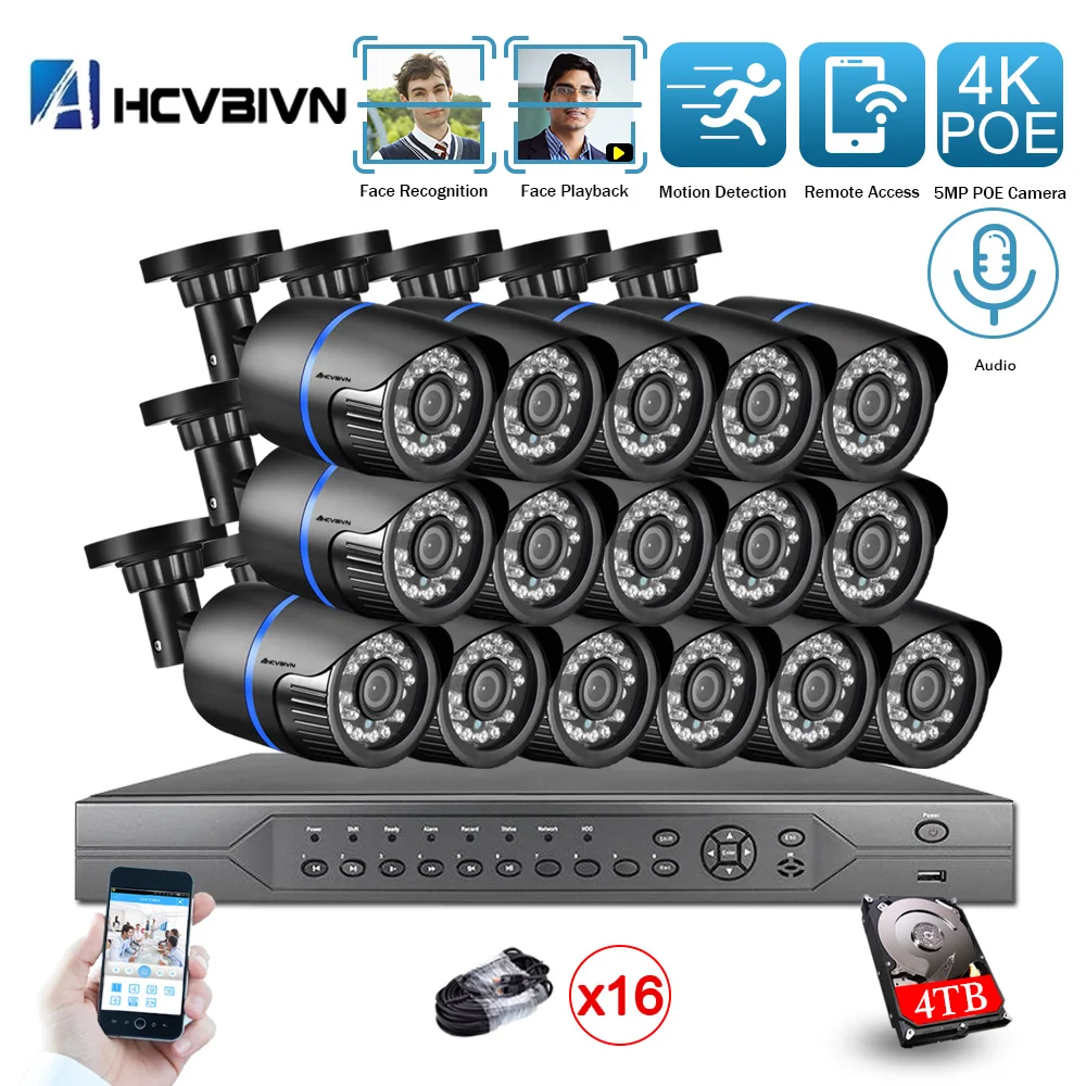 

AHCVBIVN 4K 16CH 5MP H.265+ System 16CH POE CCTV Security NVR Kit Outdoor Waterproof IP Camera 5MP Surveillance System With 4TB