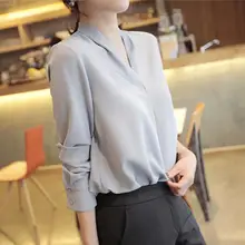 

60% Dropshipping!Women Solid Color All-matched Polyester V-neck Office Chiffon Shirt long sleeve breathable cool and soft casual