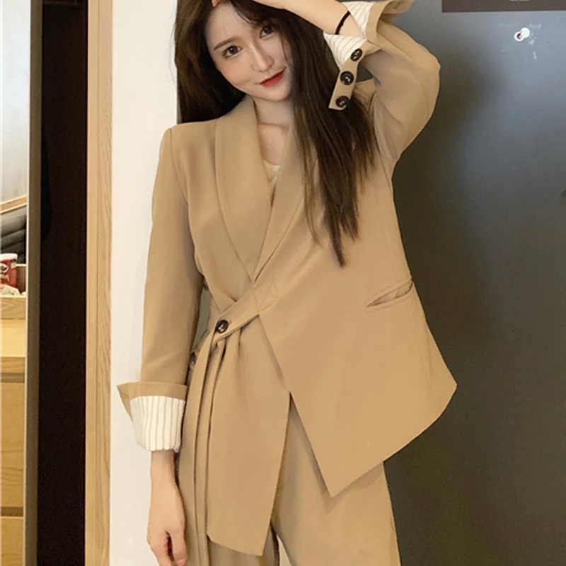 cofffee jacket YAMDI Женские винтажные брюки костюмы женские осень зима комплект из двух штанов блейзер с поясом куртка+ корейские тонкие прямые брюки femme - Цвет: cofffee jacket
