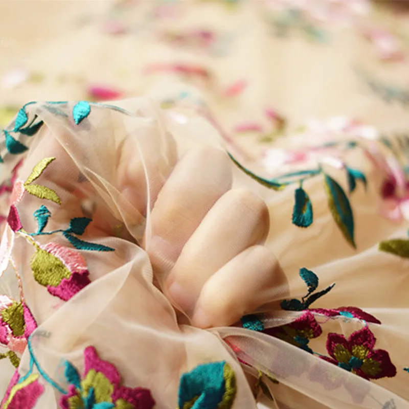 

120x100cm/piece Rejuvenation soft skin soft mesh yarn color embroidery rose bud silk fabric accessories with lace