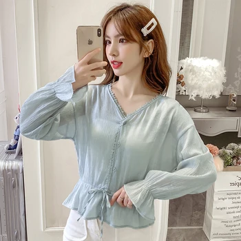 

COIGARSAM Full Sleeve Shirt Womens tops Spring Lace High Waist V-Neck Women shirts Khaki Blue 8029