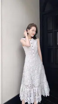

2020 Runway Autumn Dress Women Sexy Embroidery Sleeveless Empire Slim White Dress Vestidos Lace Party Sundress