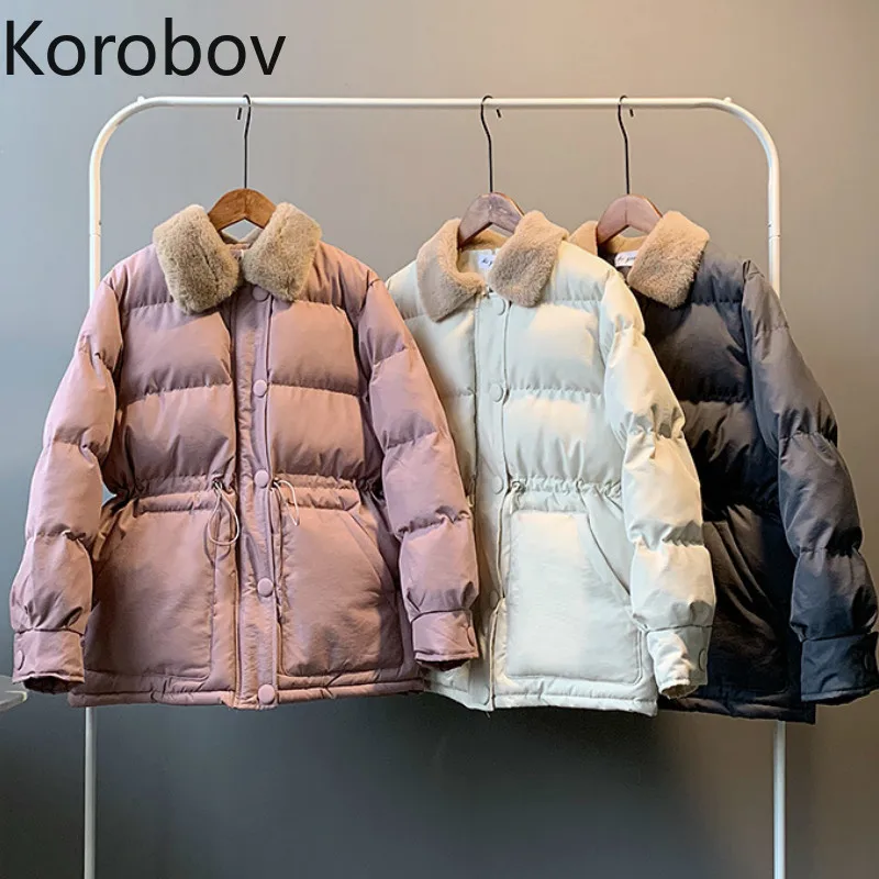 

Korobov Winter Coat Korean Solid Fur Turn-Down Collar Single Breasted Jackets Vintage Drawstring Slim Adjustable Parkas 79021