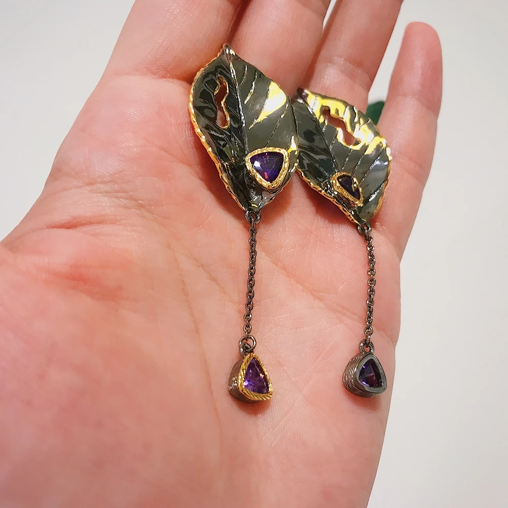 WE3994 DreamCarnival 1989 New Gothic Earrings for Women Black Gold Color Vintage Leaves Purple Zircon Tassels Must Have Jewelry (16)