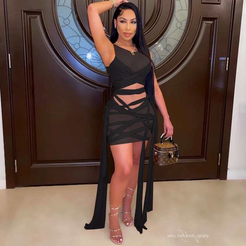 

Chic See-Through Ribbon Mesh Sexy Lace Up Bodycon Mini Dresses Women Birthday Clothing Lady Sling Skinny Summer Dress Streetwear