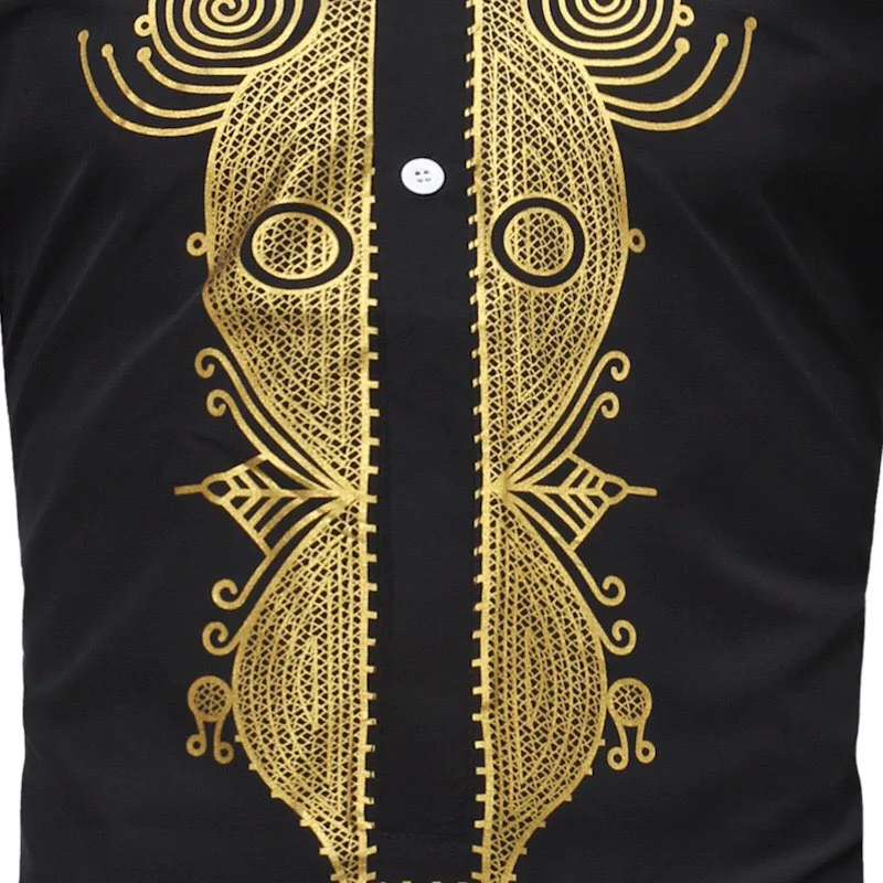 Alion Mens African Clothing Tribal Dashiki Traditional Stand Collar Dress Shirt Black S