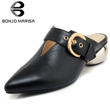 

BONJOMARISA Fashion Ladies Genuine Leather Pumps Style Strange Slip On Metal Pointed Toe Mules Women Casual Office Shoes Woman
