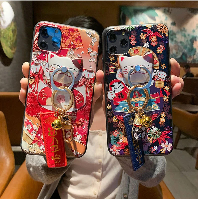 Милый 3D чехол для телефона с тисненым рисунком счастливого кота для iPhone X XS XR 11 Pro Max, Набор держателей колец для женщин, мягкий чехол для 6, 7, 8 Plus, счастливый чехол