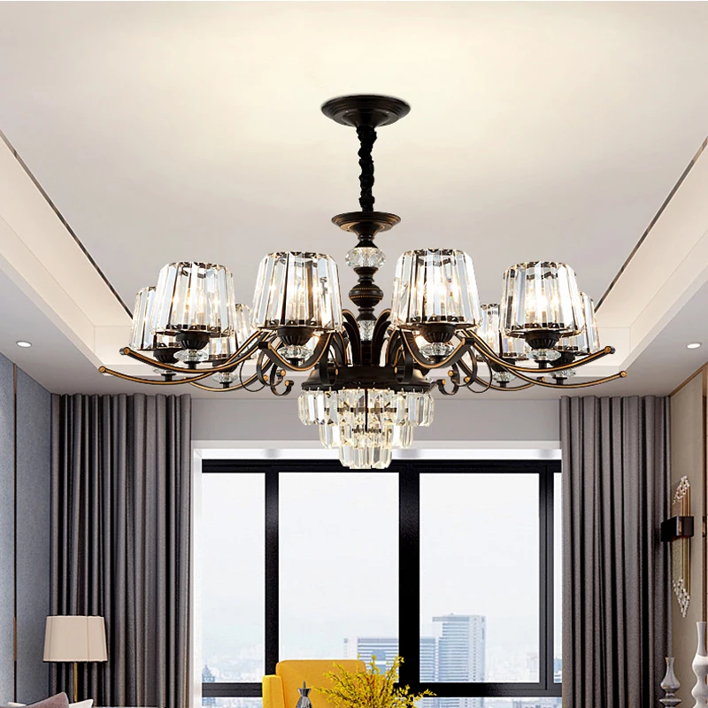 

New Villa Hall Black Crystal Chandelier Post Modern Living Room Hanging Lamp Simple American Bedroom Diningroom Chandelier Light
