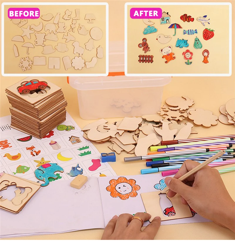 Kids Wooden Stencils Drawing Kit [PD][1Set] – KATIB - Paper and Stationery  at your doorstep