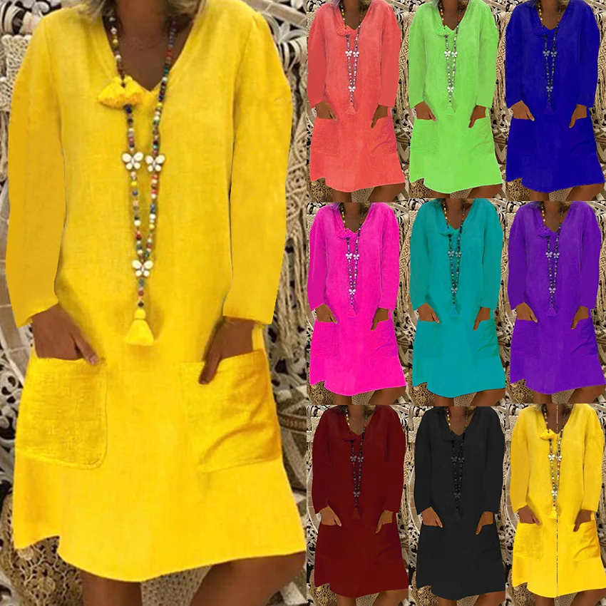 

2019 Autumn Women's Long-sleeved Dress Europe And The United States New Pocket Solid Color