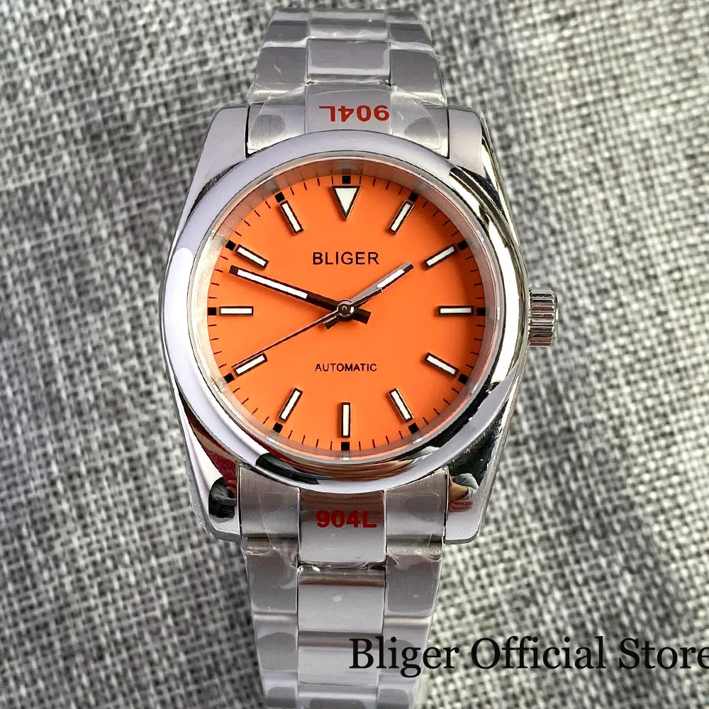 Bliger New Watch Men 25 Jewels Pt5000 Nh35A Movimento Autoavvolgente Cassa Lucida Quadrante Arancione/Blu/Verde Verde Lume Zaffiro Piatto