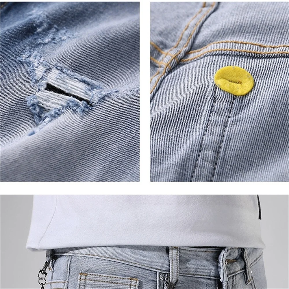 EH · MD® Pearl Pendant Decorated Jeans Men's Embroidered Broken Pants Ink Pants Painted Letters Slim Cotton Red Ears Soft 2021