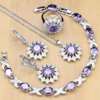 

Flower Shaped Jewelry Sets Purple CZ White Crystal Silver 925 Jewelry For Women Earrings/Pendant/Rings/Bracelet/Necklace Set
