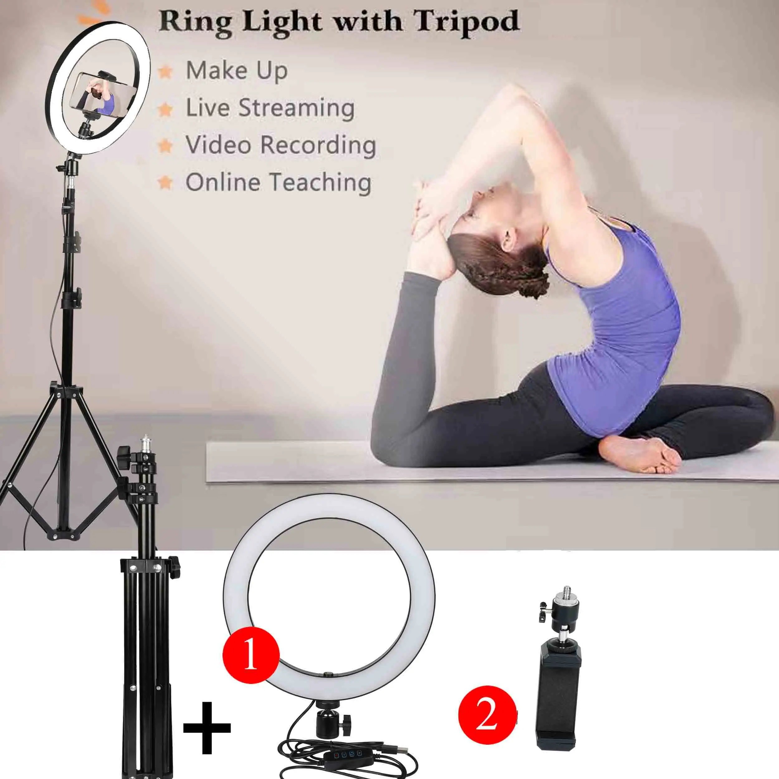 Светодиодный светильник для видео с регулируемой яркостью, кольцевой светильник USB, кольцевая лампа, освещение для фотосъемки и держатель телефона 1,1/1,6 м, штатив-подставка для макияжа Youtube