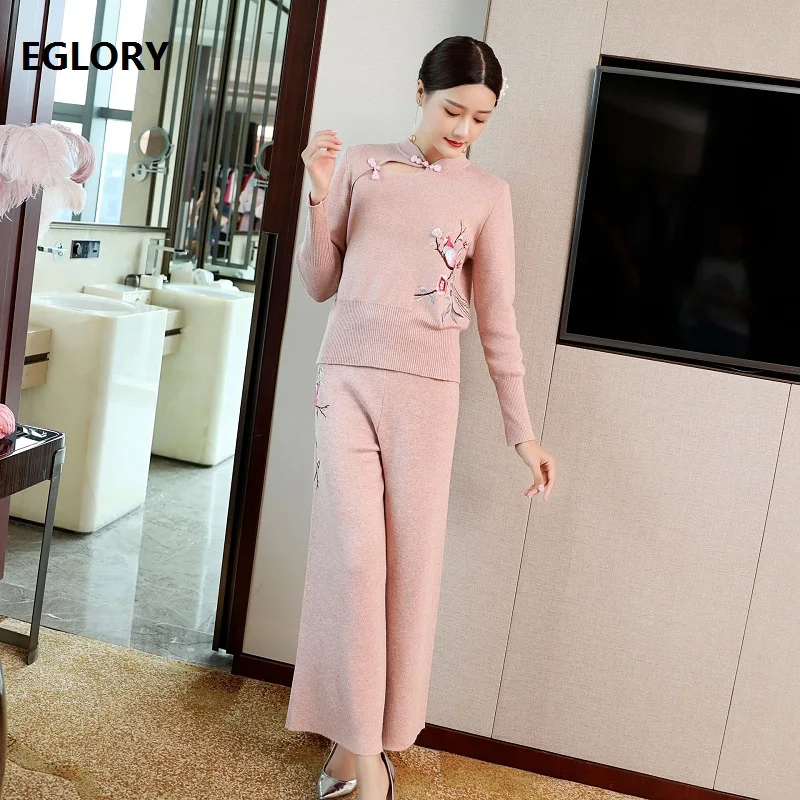 

High Quality Sweater Suits 2019 Autumn Winter Set Women Floral Embroidery Knitted Pullovers+Full Length Blue Pink Knit Pant Sets