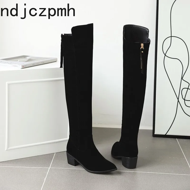 

Women's Boots The New winter fashion Pointed zipper mid heel Over the knee Women's shoes plus size 33-43 Heel Height 5cm black