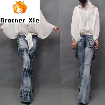 

Women Cool Jeans Europe Style Heavy Wash Denim Pants Ladies New Fashion Tassels Slim Flare Trousers High Waist Jeans Outfits