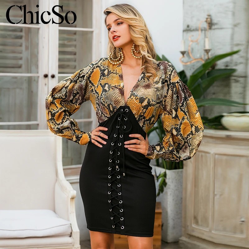 

MissyChilli Sexy deep v-neck long sleeve bodycon dress Snack print elegant mini dress Female party club bandage short dress