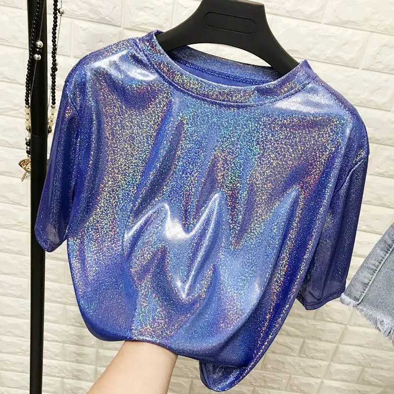 

New summer retro style stylish bright silk woman tops shiny loose short sleeve t-shirt sexy club aesthetic harajuku women tshirt