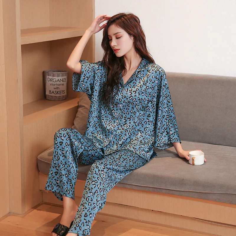 Men Summer Ice Silk Sleepwear Autumn Breathable Pajama Sets Noble Leopard Silk Pajamas Comfort Satin Male Casual Lovers Pijamas