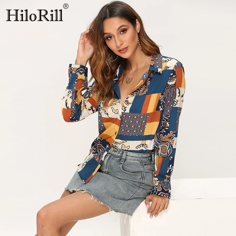 

Women Patchwork Blouse Shirt 2019 Turn Down Collar Vintage Print Blouses Loose Casual Long Sleeve Shirt Ladies Fashion Tops