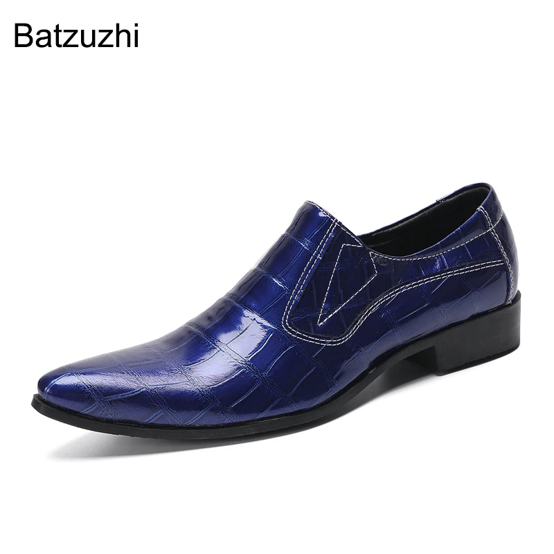 Batzuzhi Pointed Toe Formal Business Leather Dress Shoes Men Handmade Men's Shoes Blue Leather Dress Shoes for Men Slip on!