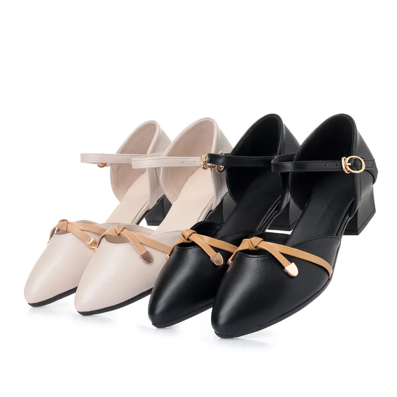 

Women's Leather Sandals Spring And Summer New Style Mixed Colors Hallow WOMEN'S Sandals Semi-high Heeled Straight-line Buckle La