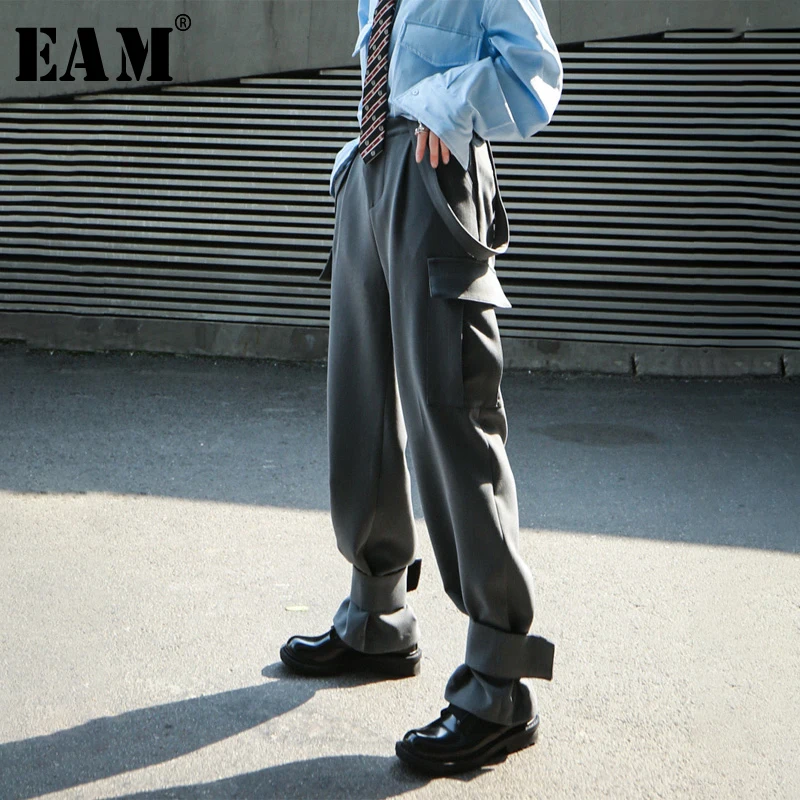 

[EAM] High Waist Gray Pocket Split Long Wide Leg Trousers New Loose Fit Pants Women Fashion Tide Spring Autumn 2020 1N960